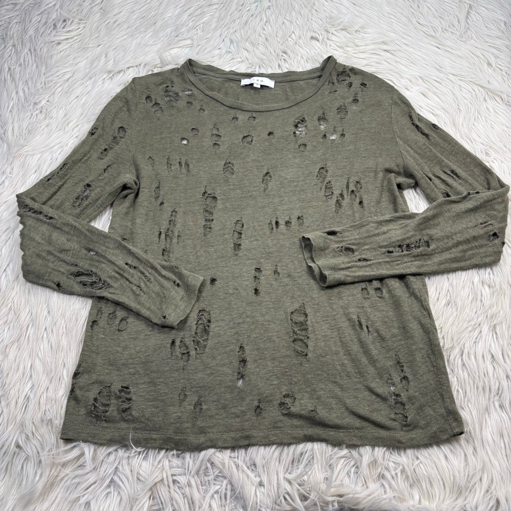IRO Women's S Army Green Liza Distressed Linen Long Sleeve Tee Grunge Artsy